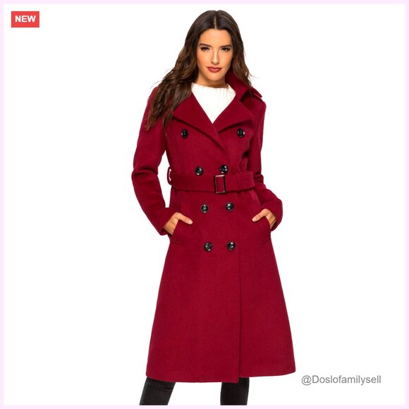 Wool Pea Coat Double Breasted Long Trench Belted Classic Elegant Winter